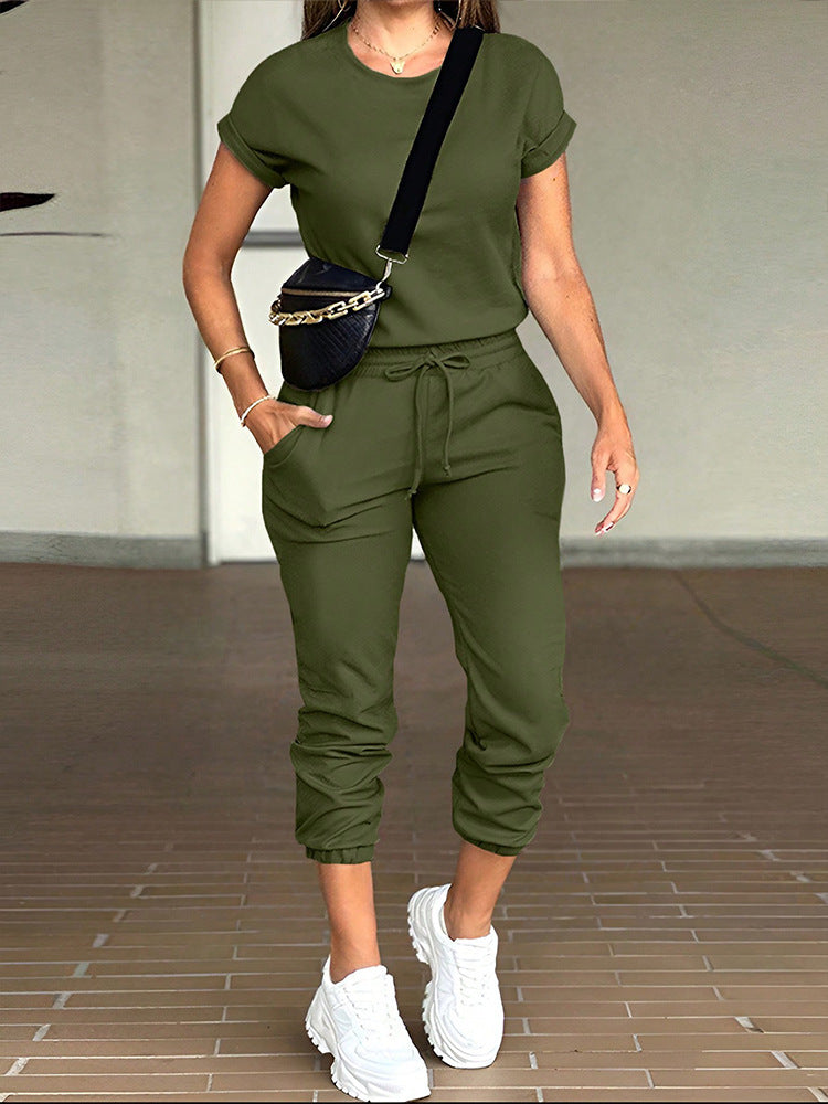 FAZVIDA Women's Round Neck Pocket Pants Set - Army Green