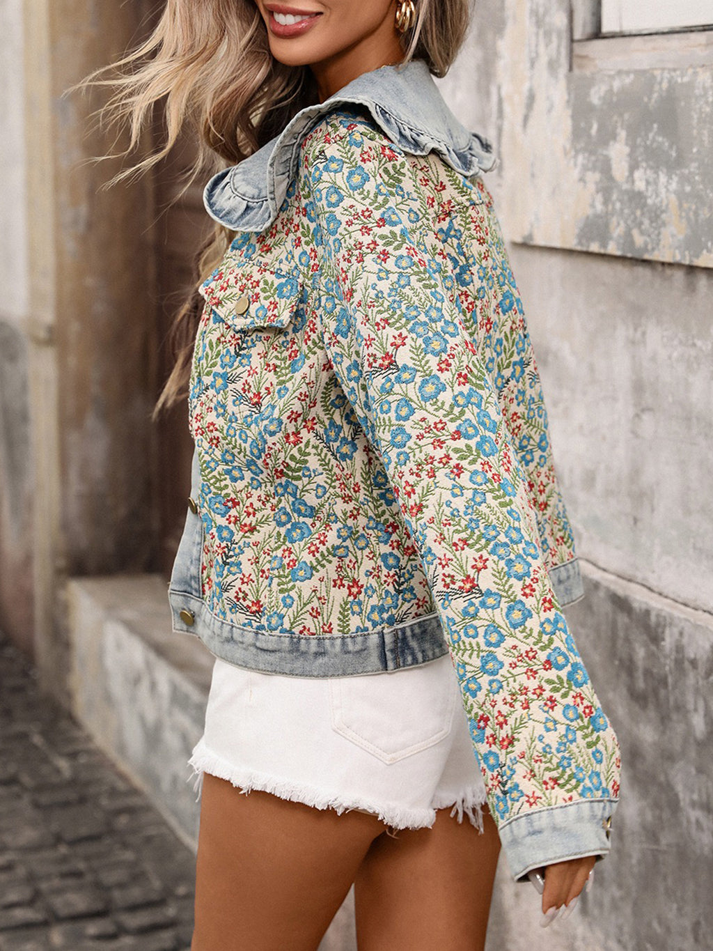 FAZVIDA Women's Ruffled Collar Denim Jacket - view 3