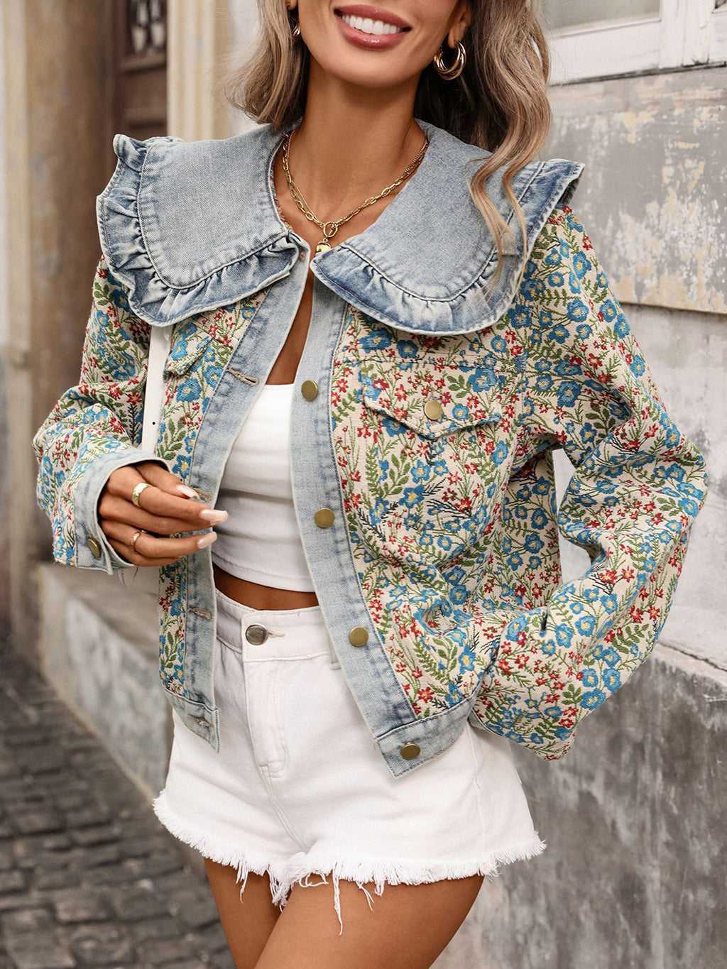 FAZVIDA Women's Ruffled Collar Denim Jacket - view 2