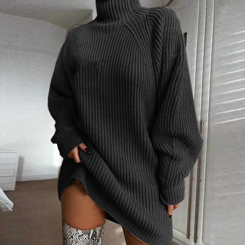 FAZVIDA Women's Long Sleeve Turtleneck Sweater Dress - Dark Gray