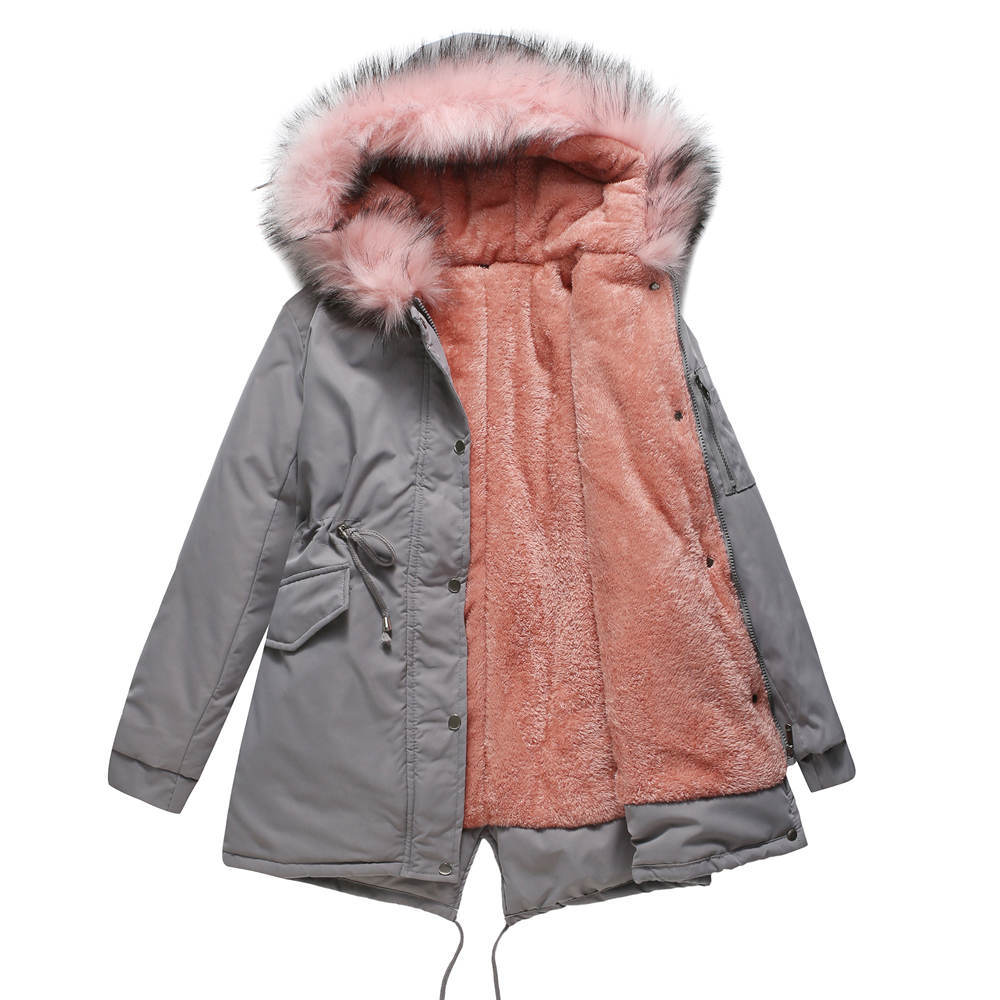 FAZVIDA Hooded Mid-Length Padded Parka - Gray Pink
