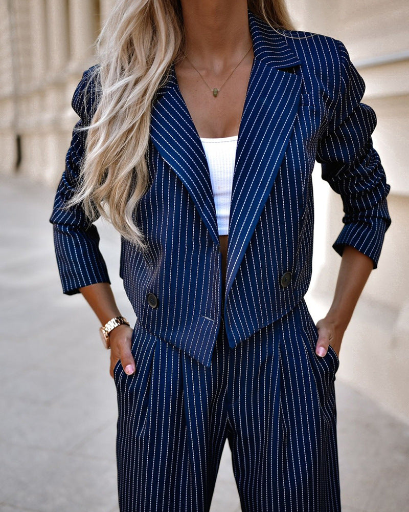 FAZVIDA Women's Lapel Pants Set - Dark Blue