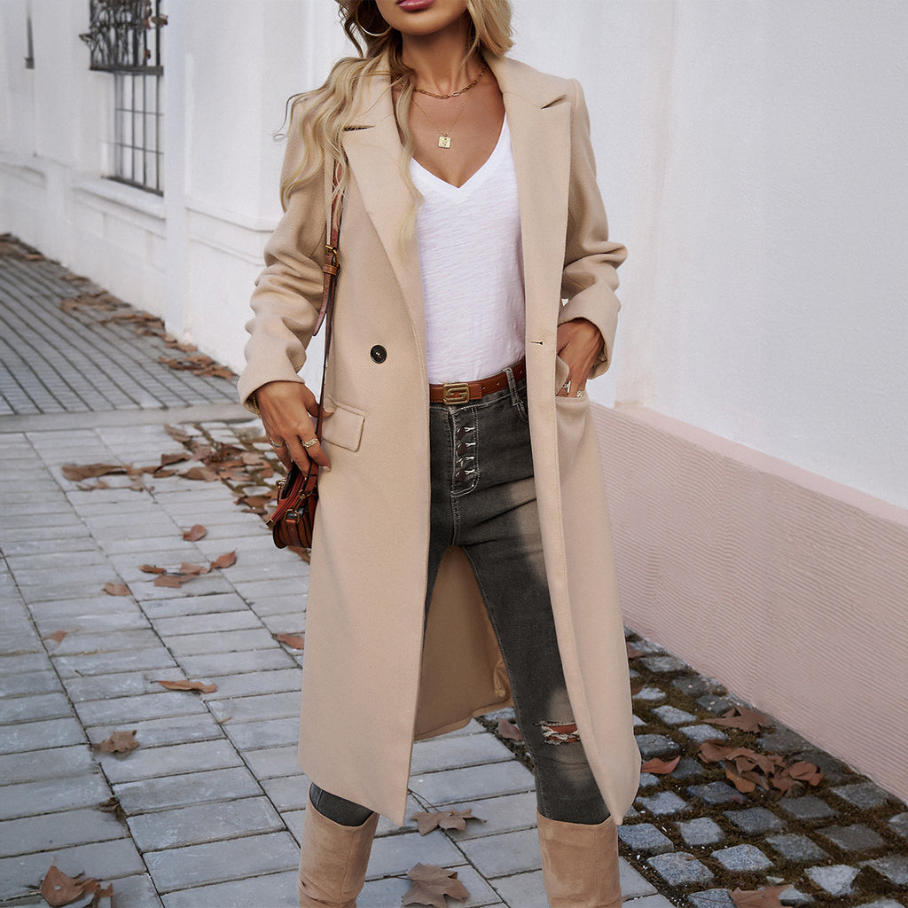 FAZVIDA Women's Long Turn-Down Collar Coat - Apricot