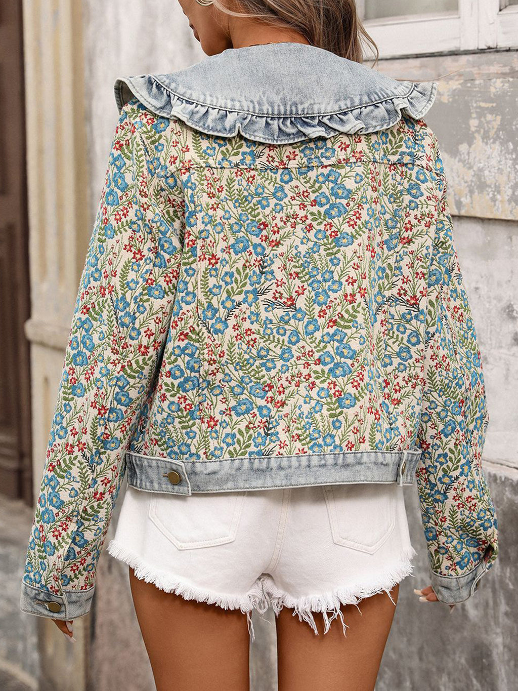 FAZVIDA Women's Ruffled Collar Denim Jacket